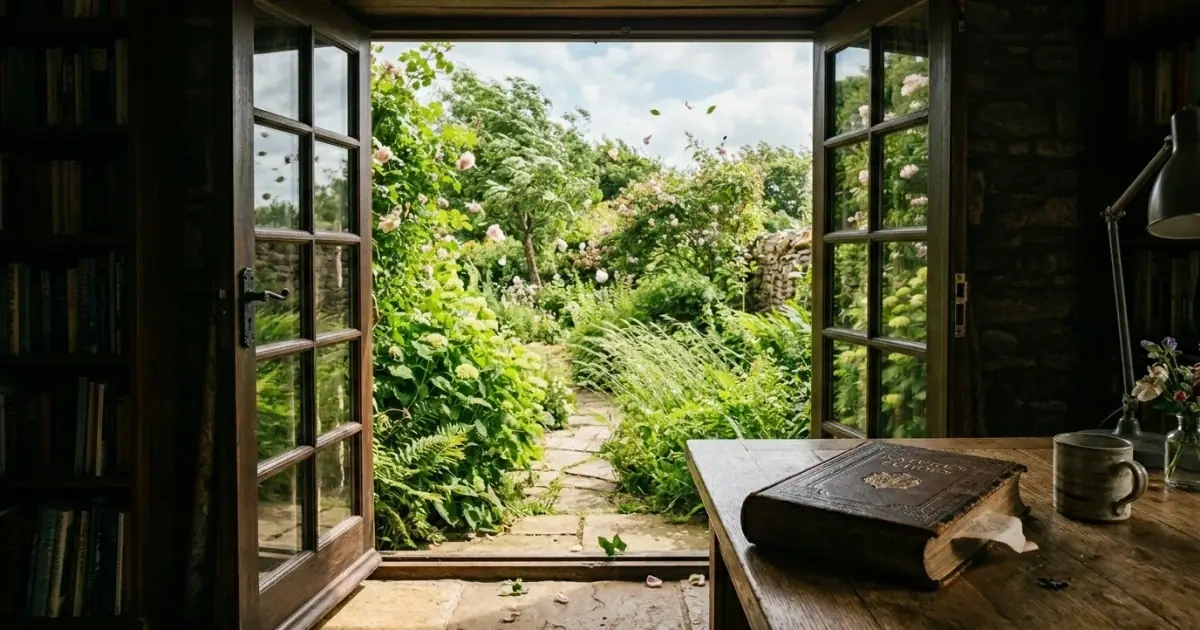 An open doorway looking from a dark room to a bright garden, shifting from heavy to light