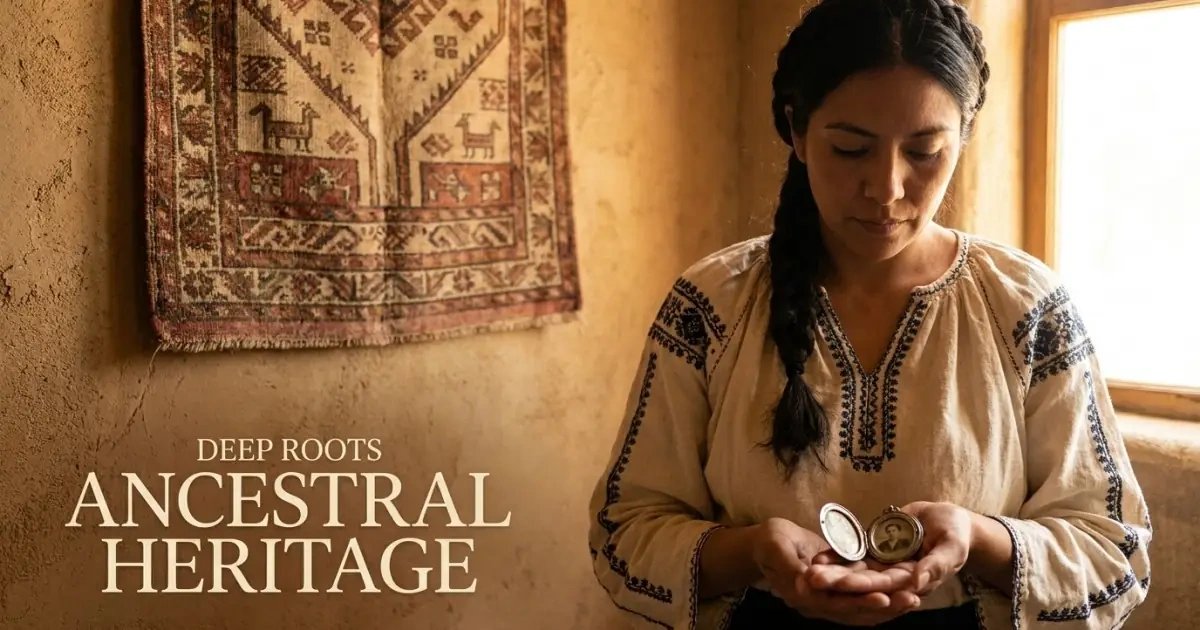 A woman holding an antique silver locket in front of a traditional woven tapestry