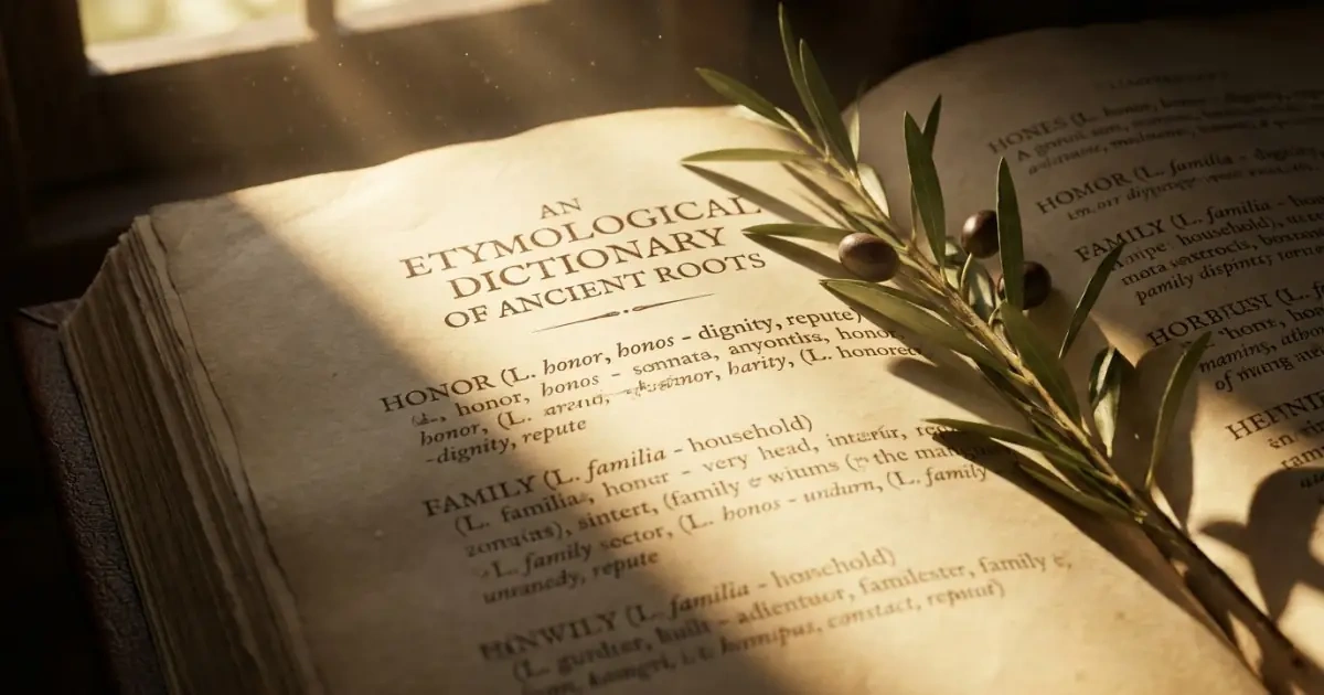 An antique dictionary page illuminated by sunlight with an olive branch resting on the text