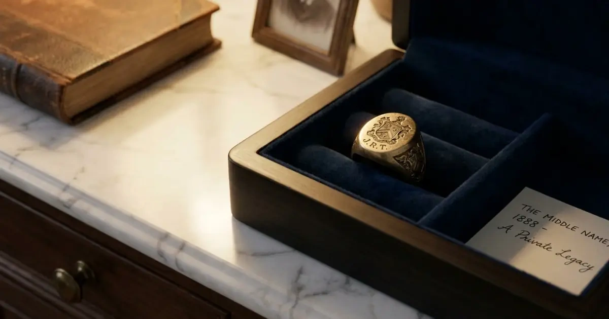 An antique family signet ring resting inside a modern velvet-lined jewelry box