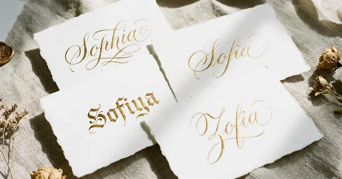 Calligraphy cards showing spelling variants like Sophia and Sofia to illustrate sound popularity