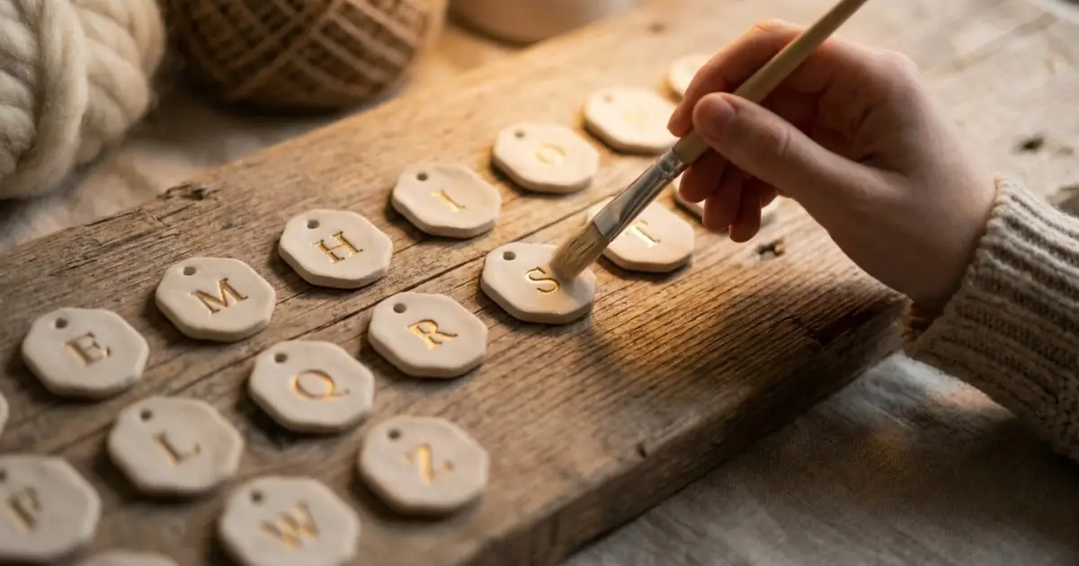 Handcrafted ceramic initial tags arranged neatly to represent name choices and classroom identity