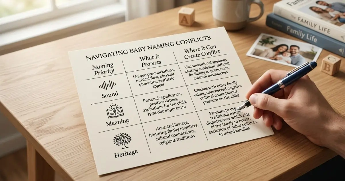 An organized infographic chart on a wooden table outlining priorities for how to agree on a baby name