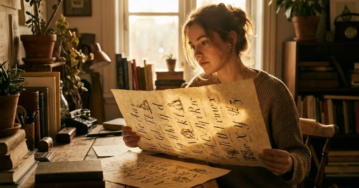 A young woman evaluating potential baby name initials at a warm wooden desk
