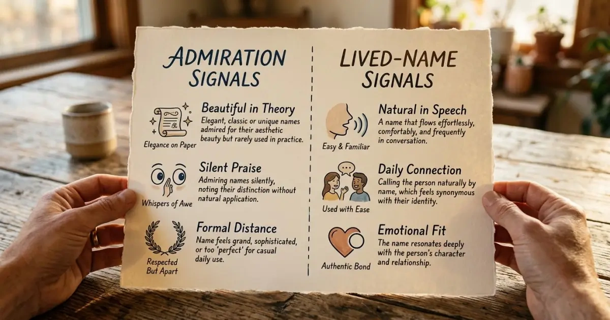 A side-by-side comparative infographic distinguishing between admiring and living with a name.