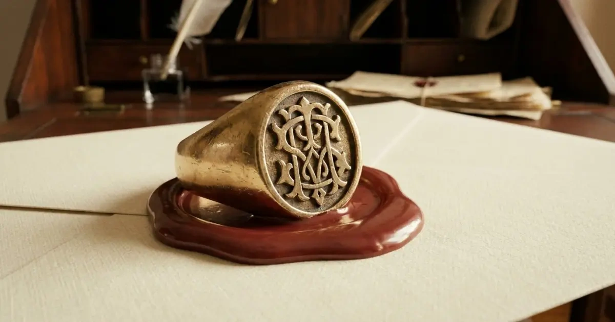 A vintage signet ring stamping a monogram envelope when learning how to choose a middle name.
