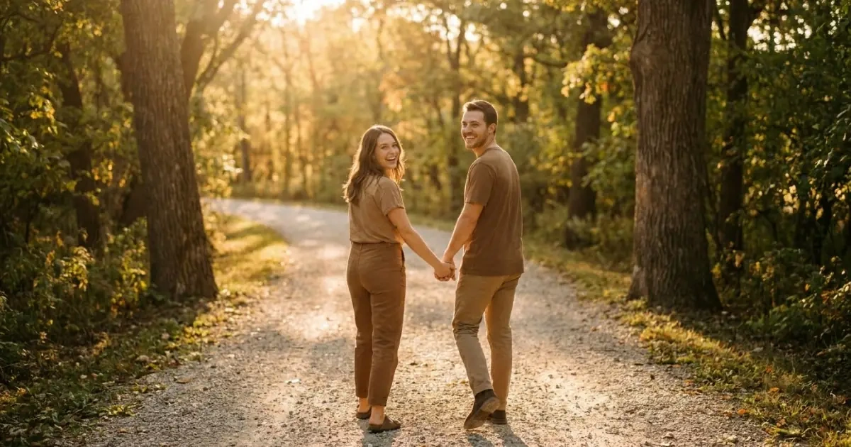 A happy couple walking into the sunlight, confident in choosing a warm baby name.