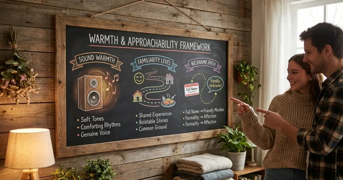 A cozy family chalkboard explaining the framework for selecting approachable baby names.