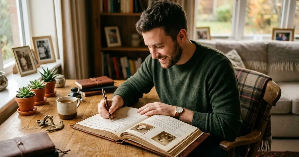 A young father thoughtfully making notes about choosing a name that works in two languages.
