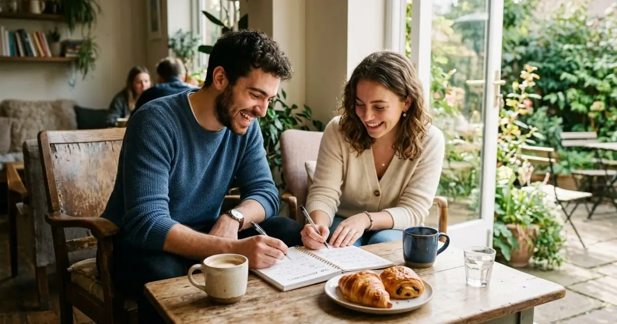 A young couple laughing and collaborating happily over a name journal in a cozy, sunlit space.