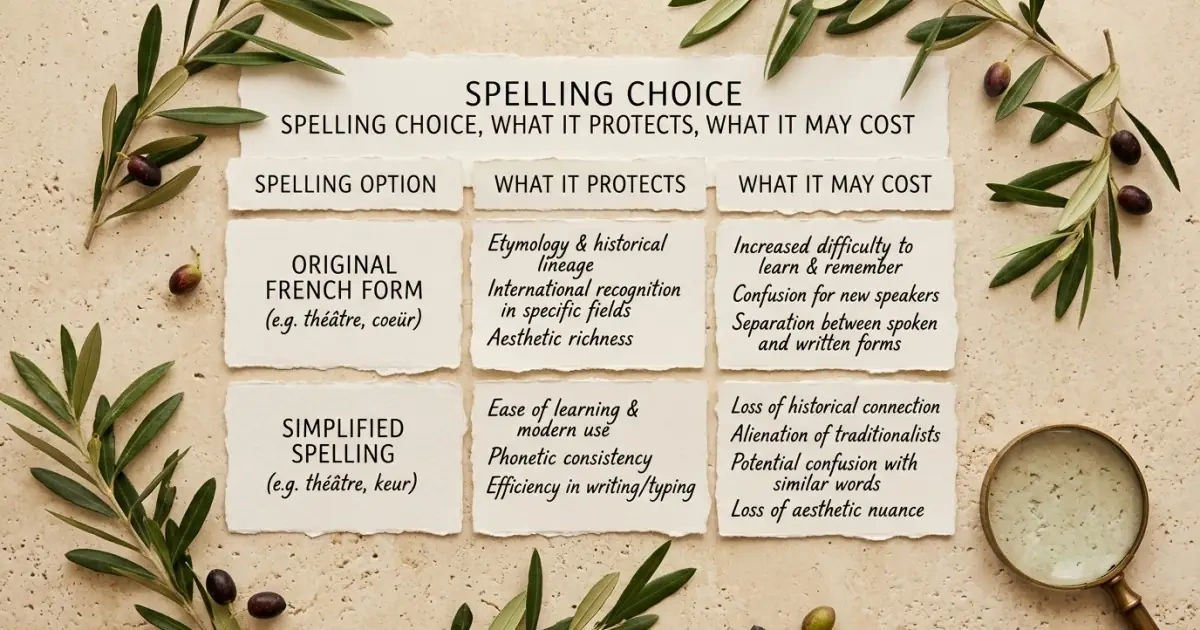 An elegant flat-lay infographic analyzing French name spelling choices and usability costs.
