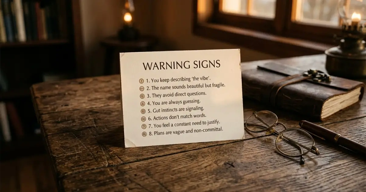 An ivory card infographic outlining warning signs that a French name is better admired than used.