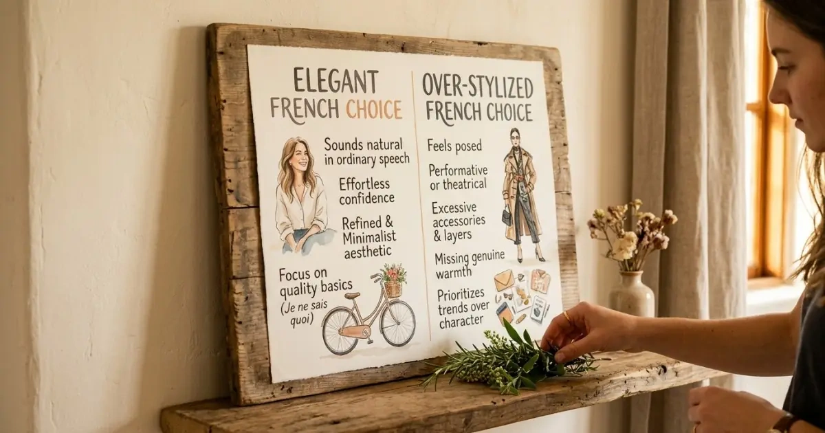 An elegant infographic chart comparing natural and over-stylized French baby name choices.