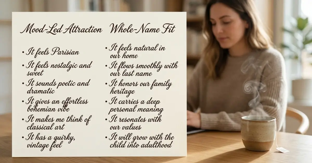 An elegant handwritten infographic balancing lifestyle mood against whole-name fit.