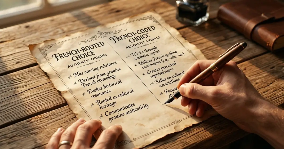 An infographic parchment paper distinguishing French-rooted from French-coded name choices.