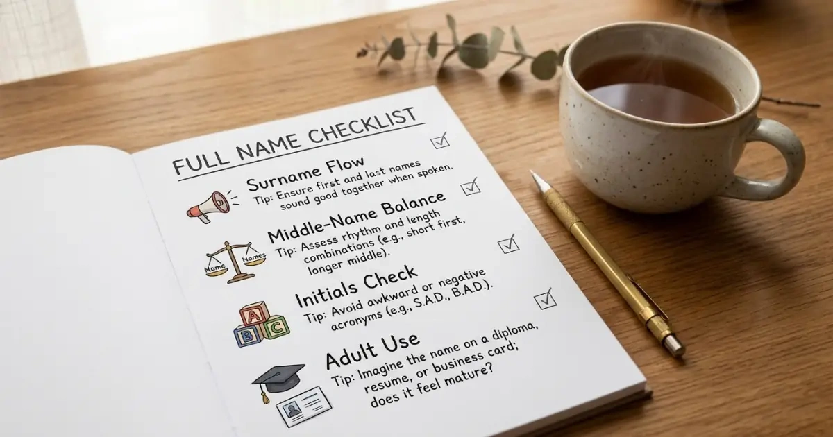 A full name checklist infographic for choosing Irish names for everyday life.