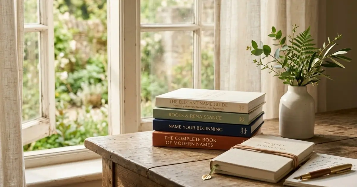 An elegant stack of name guides and a journal on a sunlit table representing next steps.