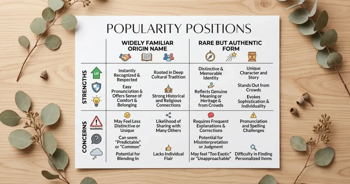 An infographic matrix showing how popularity affects the perception of heritage names