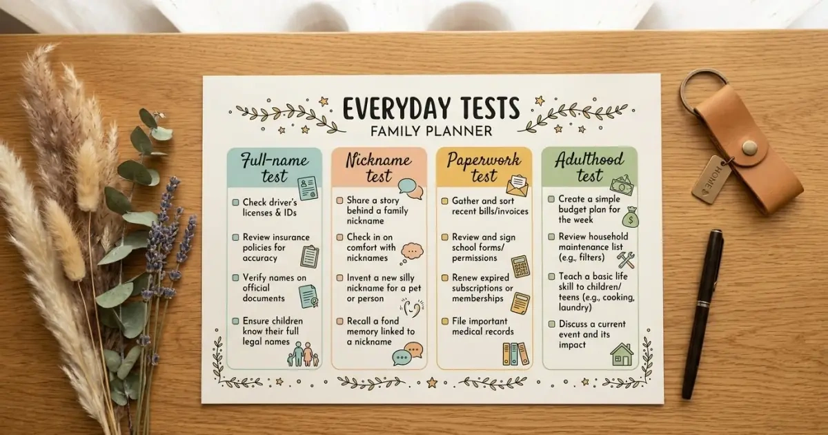 A family planner infographic mapping out everyday tests for choosing Spanish names