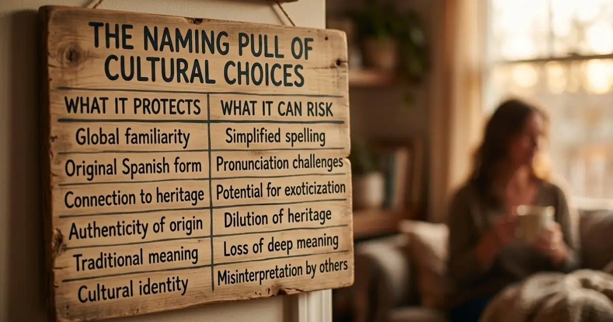 A rustic wooden board infographic illustrating the core tensions of how to choose Spanish names