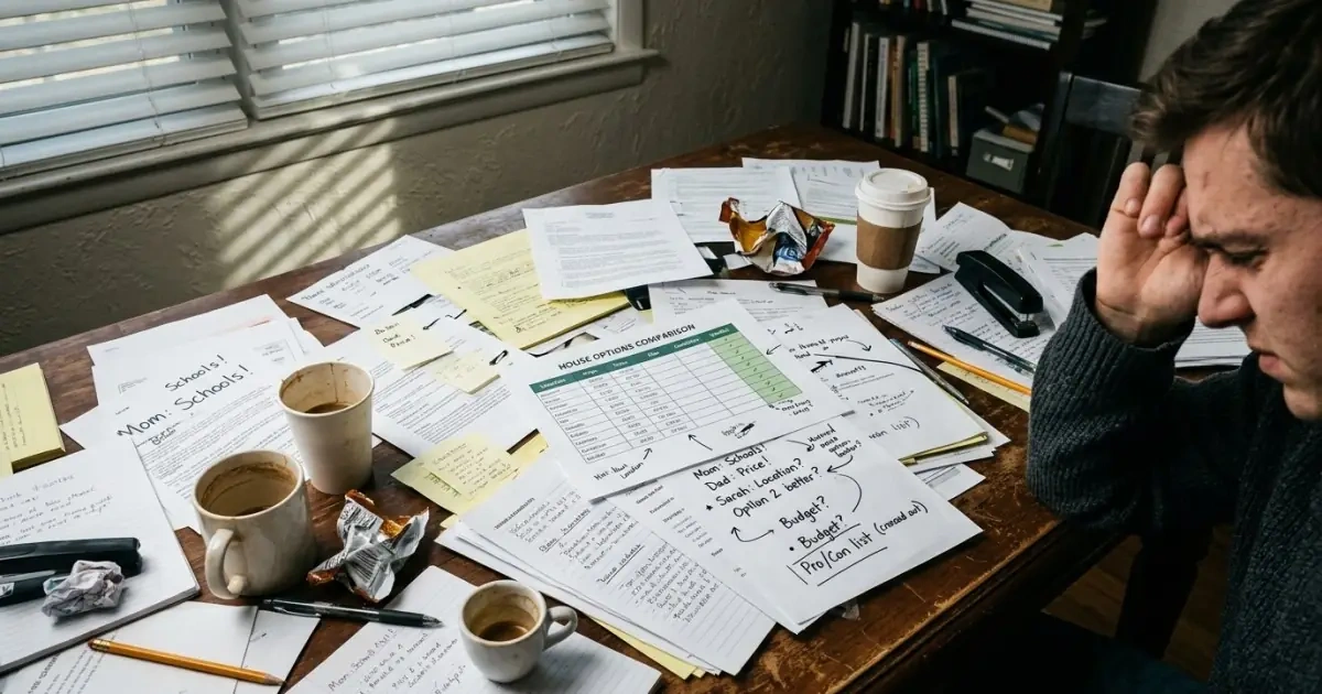 A cluttered table filled with chaotic notes and papers, illustrating common mistakes in objective analysis.