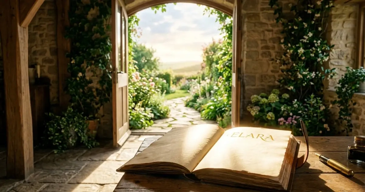 An open journal pointing toward a sunlit garden doorway, symbolizing a clear and confident path forward.