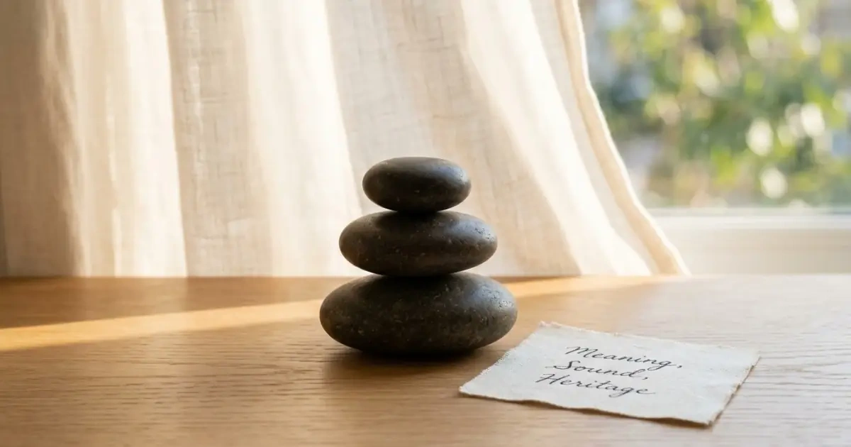 Stacked river stones next to a priority card, representing ranking core values