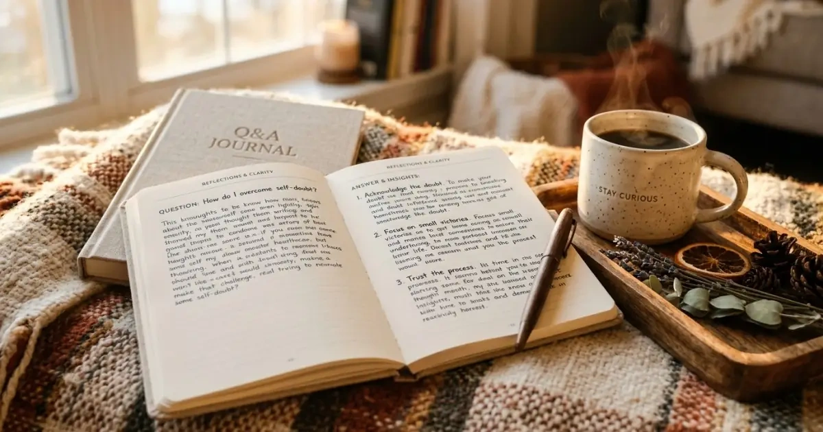 An open journal surrounded by a warm mug and dried flowers, representing frequently asked questions