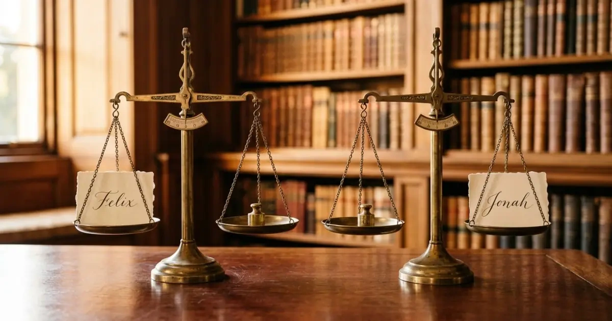 Two vintage brass scales perfectly balanced with two excellent name cards in a warm library setting.