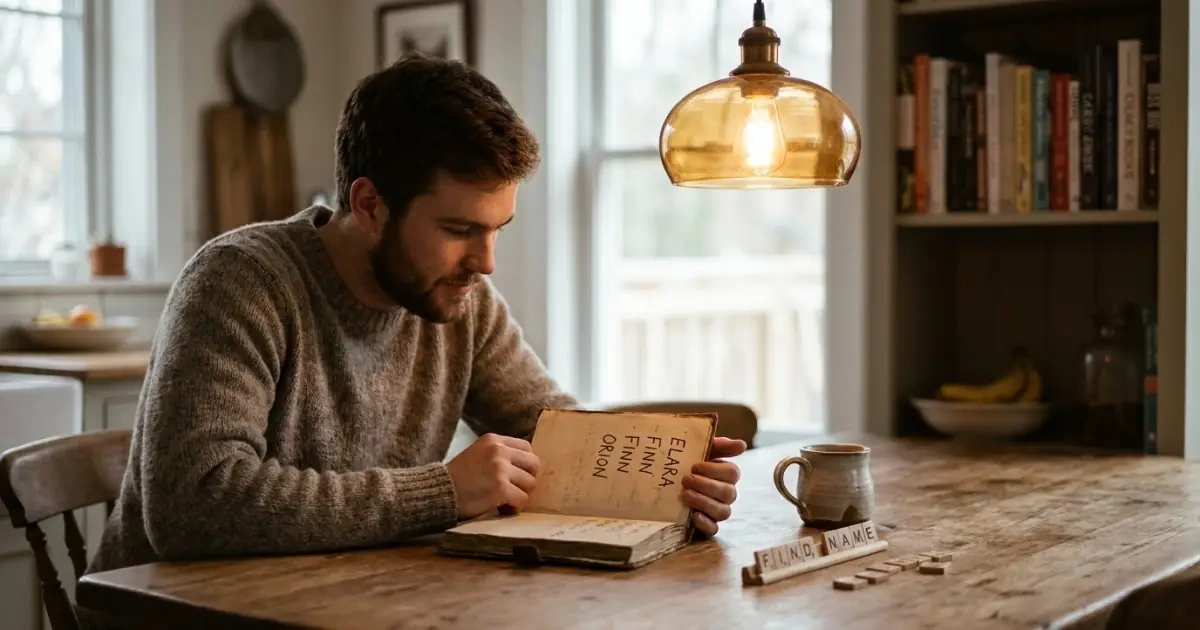 A man looking over a handwritten list of names at a warm kitchen table