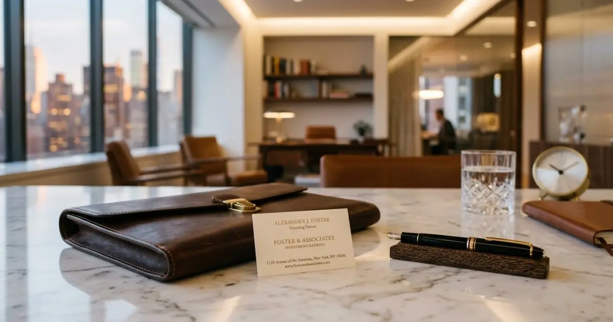An elegant business portfolio and name card on a professional marble desk