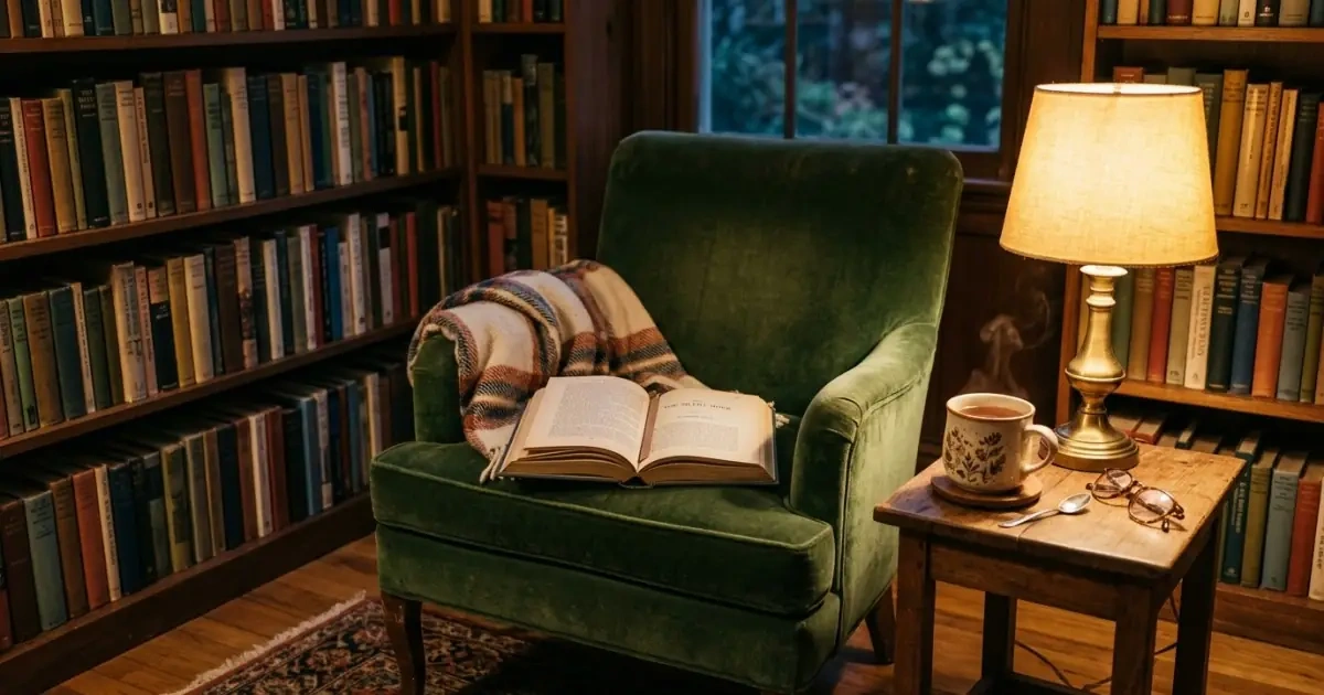 An open book and a warm cup of tea in a cozy library armchair corner