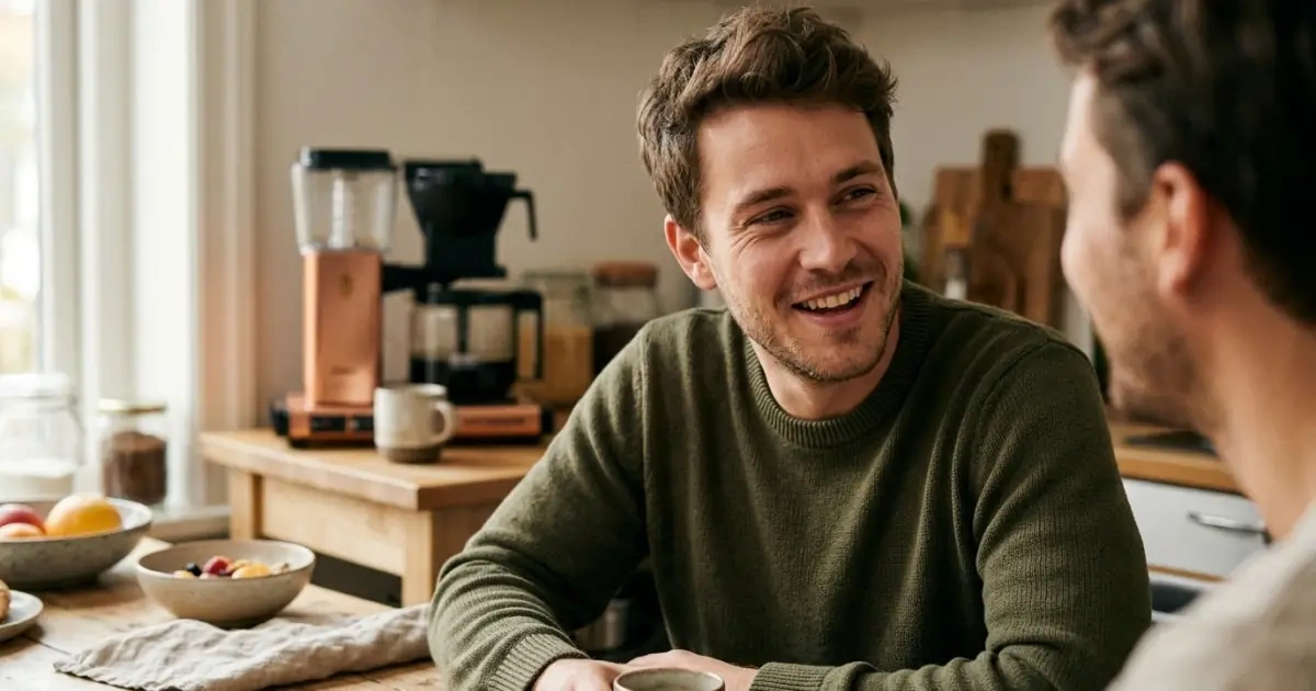 A close-up of a young man speaking naturally in a warm kitchen setting