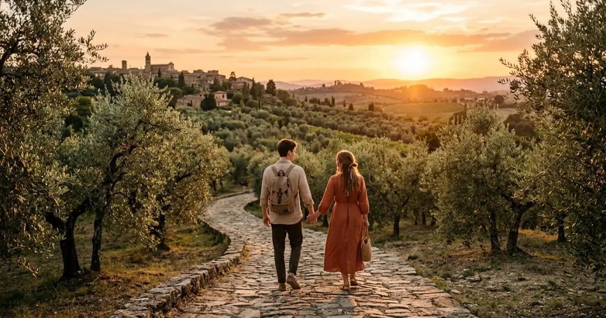 A couple walking down a sunlit path showing where to go next in naming
