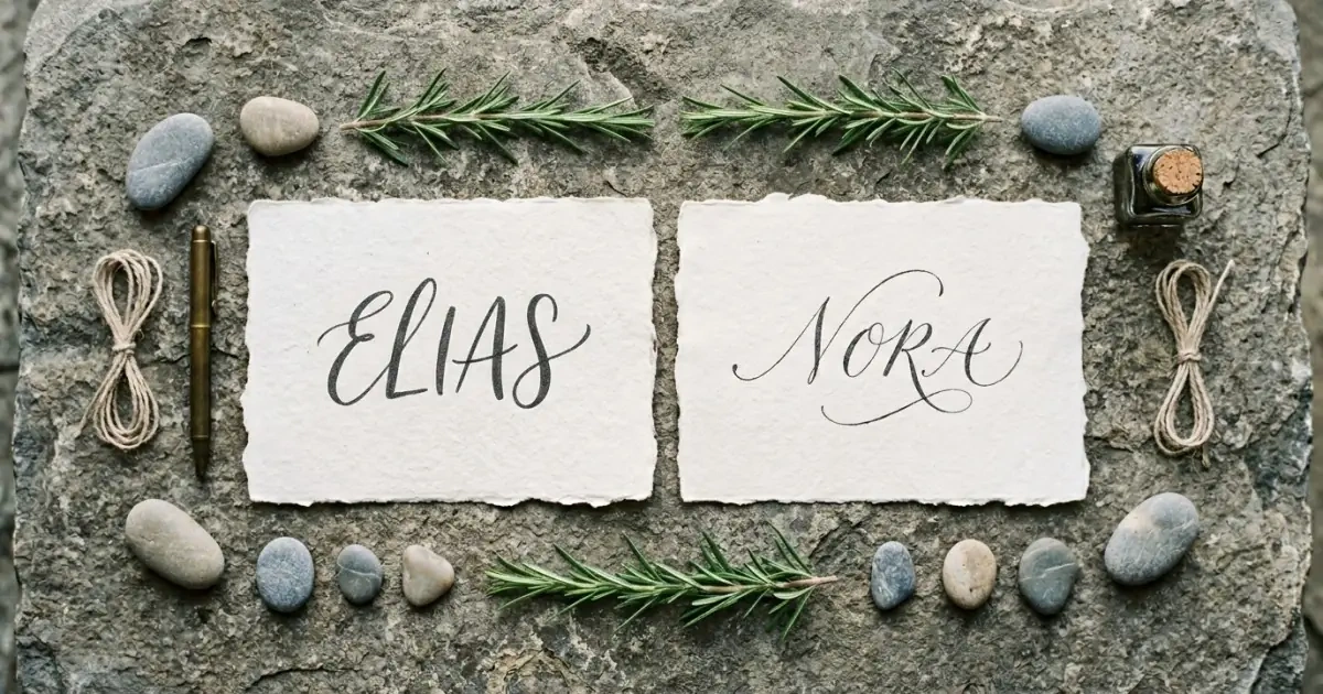 A structured and balanced side-by-side comparison of calligraphed names on textured paper with natural accents.