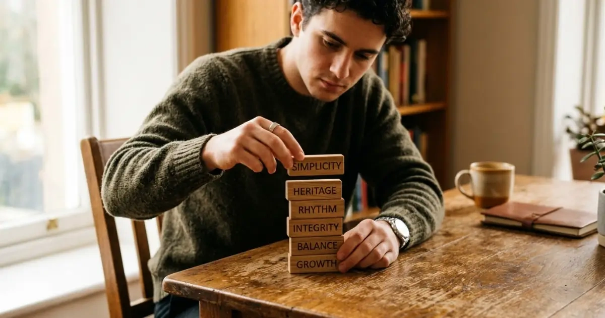 A man prioritizing core selection standards using engraved wooden blocks on a warm rustic table.