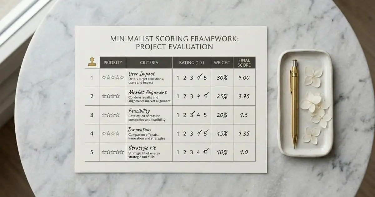 A minimalist infographic scoring sheet featuring a clear numeric scale and weighted priority columns.