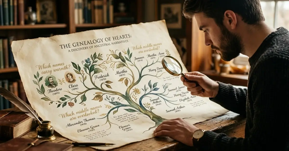 An artistic family tree chart showing how to read ancestry lines for name clues