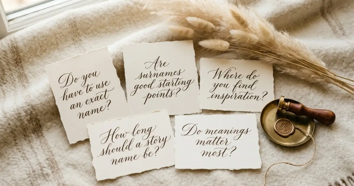 Elegant calligraphed cards answering common questions about family heritage baby names