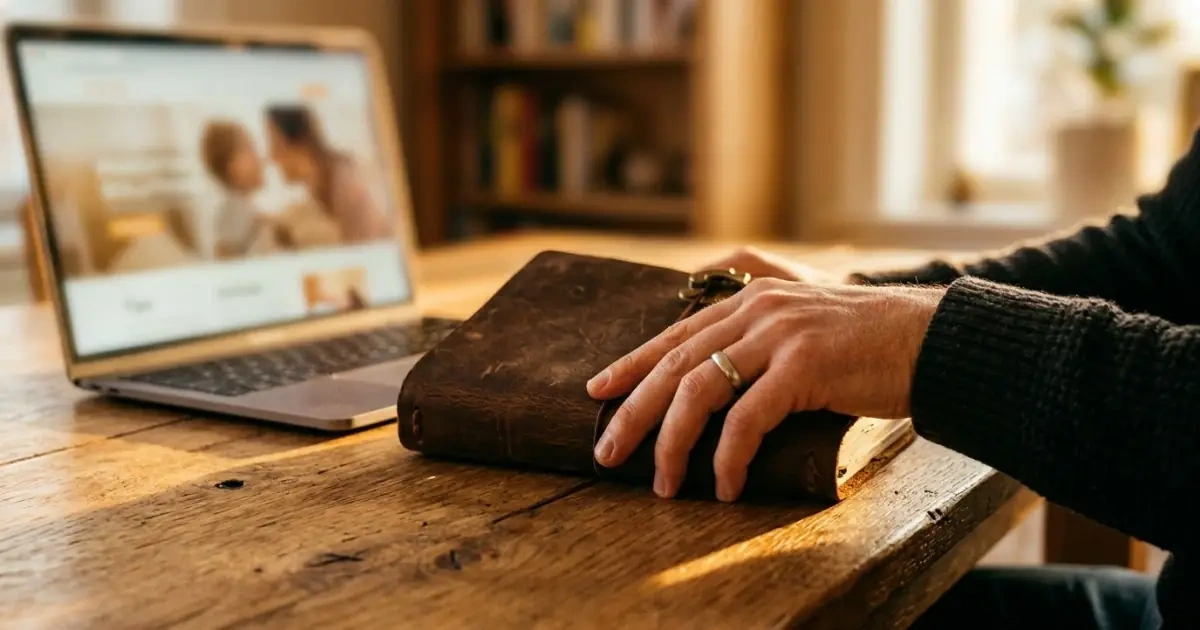 A closed leather journal on a sunlit oak table, signifying the successful end of a search.