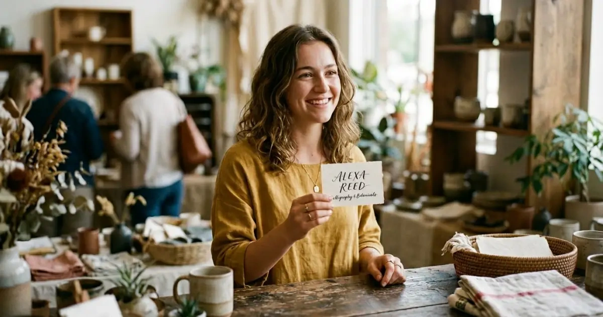 A young woman holding a name card during a practical spelling and pronunciation check