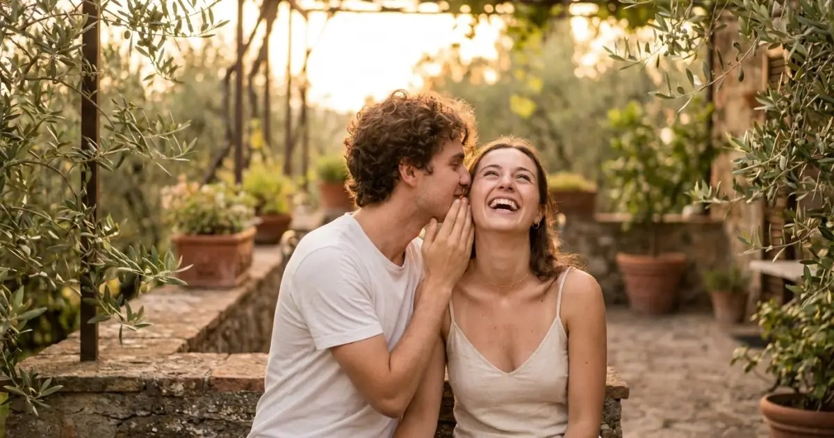 A young couple laughing and whispering together in a sunlit garden
