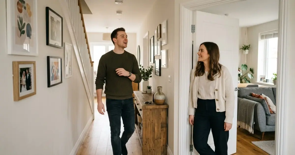 A young couple testing a baby name out loud in their warm home hallway