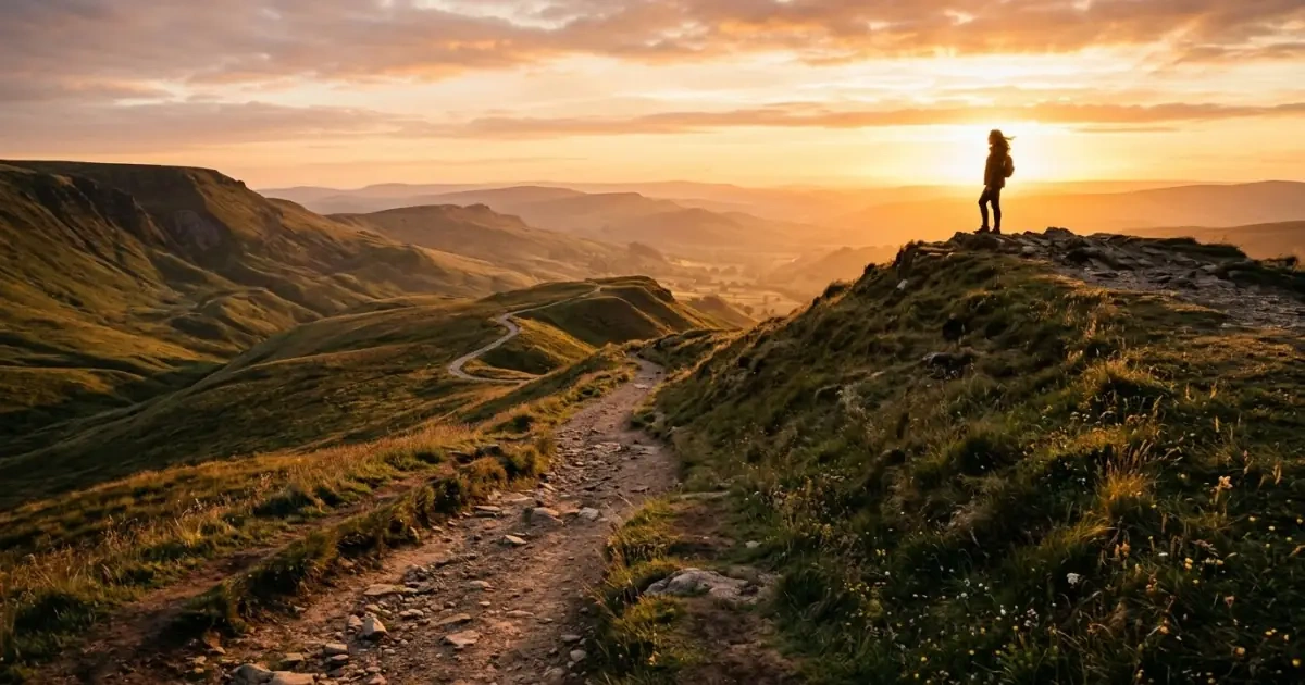 A beautiful winding path on a hillside at sunrise representing next steps