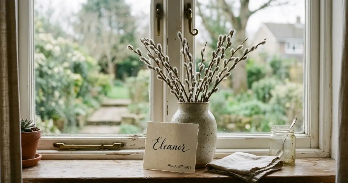 A handwritten name card resting calmly on a sunlit windowsill over time