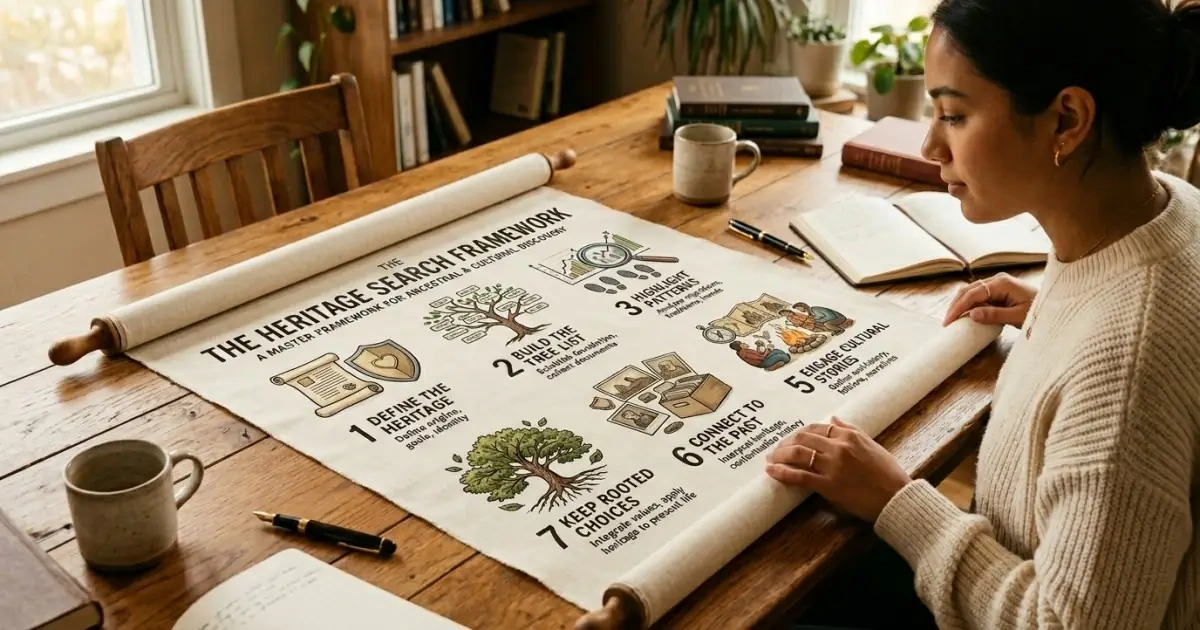 A detailed 7-step framework infographic scroll for using family heritage for baby names