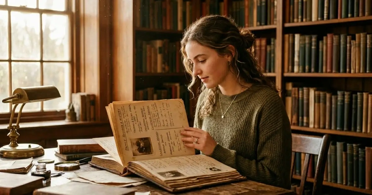 A young woman researching deep family history layers for unique baby names
