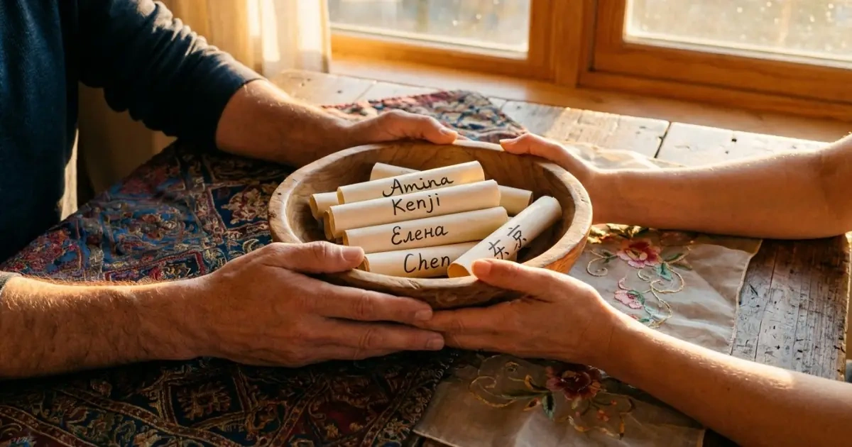 Two cultural textiles and a name bowl symbolizing interfaith and mixed-heritage spiritual names