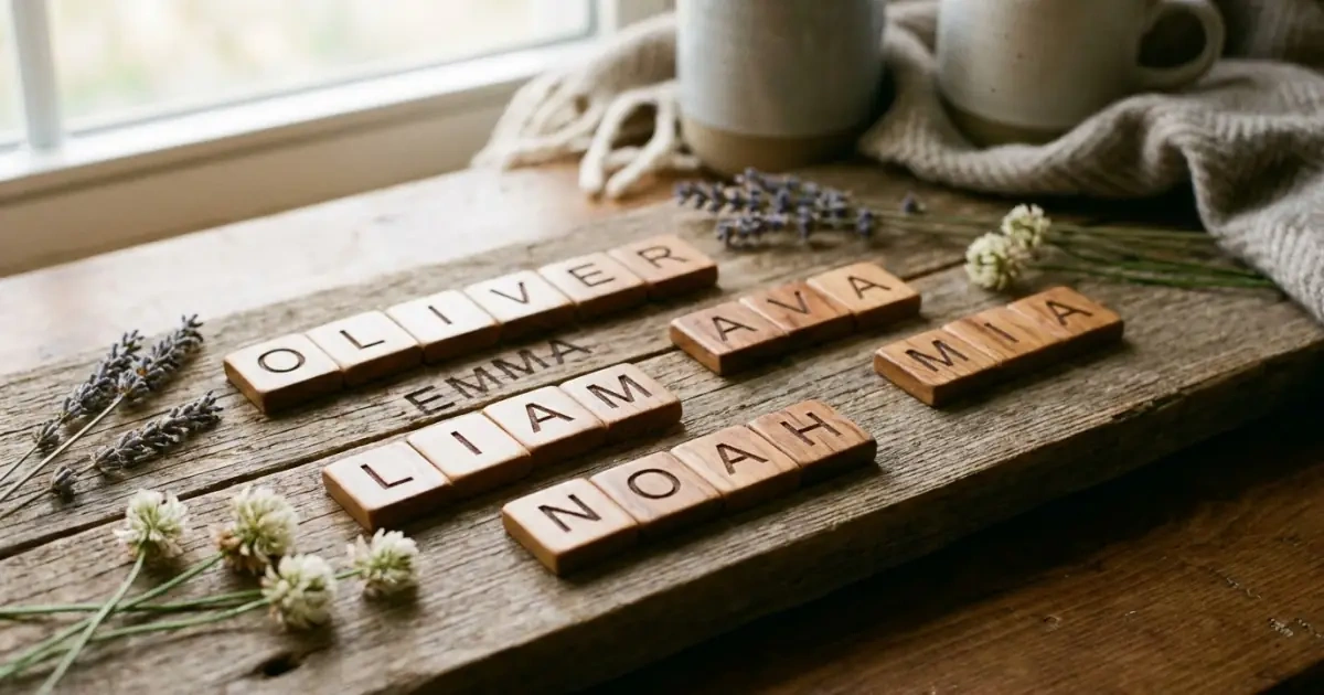 Polished wooden letter tiles forming popular names on a rustic board with dried lavender