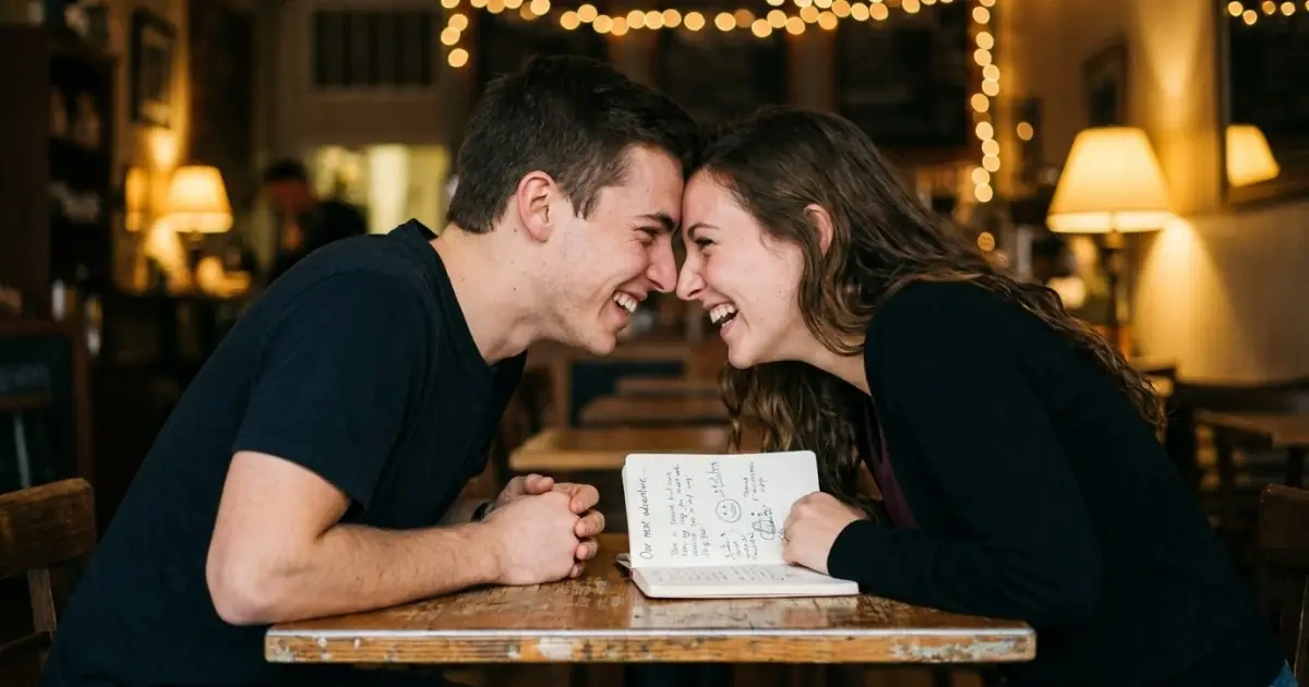 A young couple talking warmly at a cafe table with an open notebook